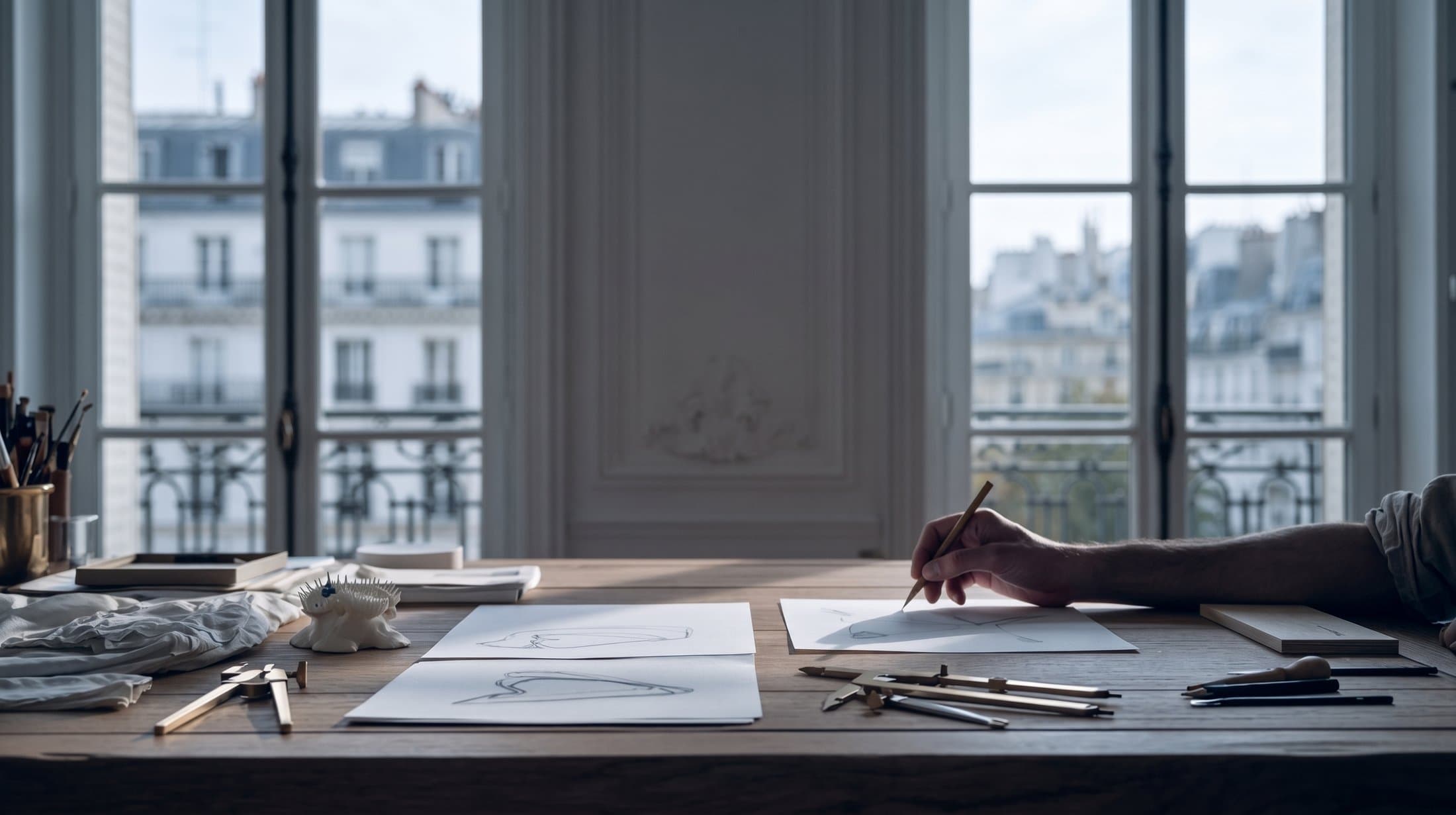 A Parisian studio: single-line jewellery drawings and drafting tools on a long oak table, one hand mid-sketch, tall windows onto Haussmann facades behind.