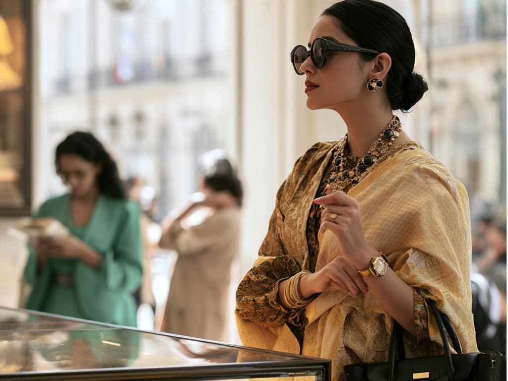 A woman considering jewellery at a shop counter