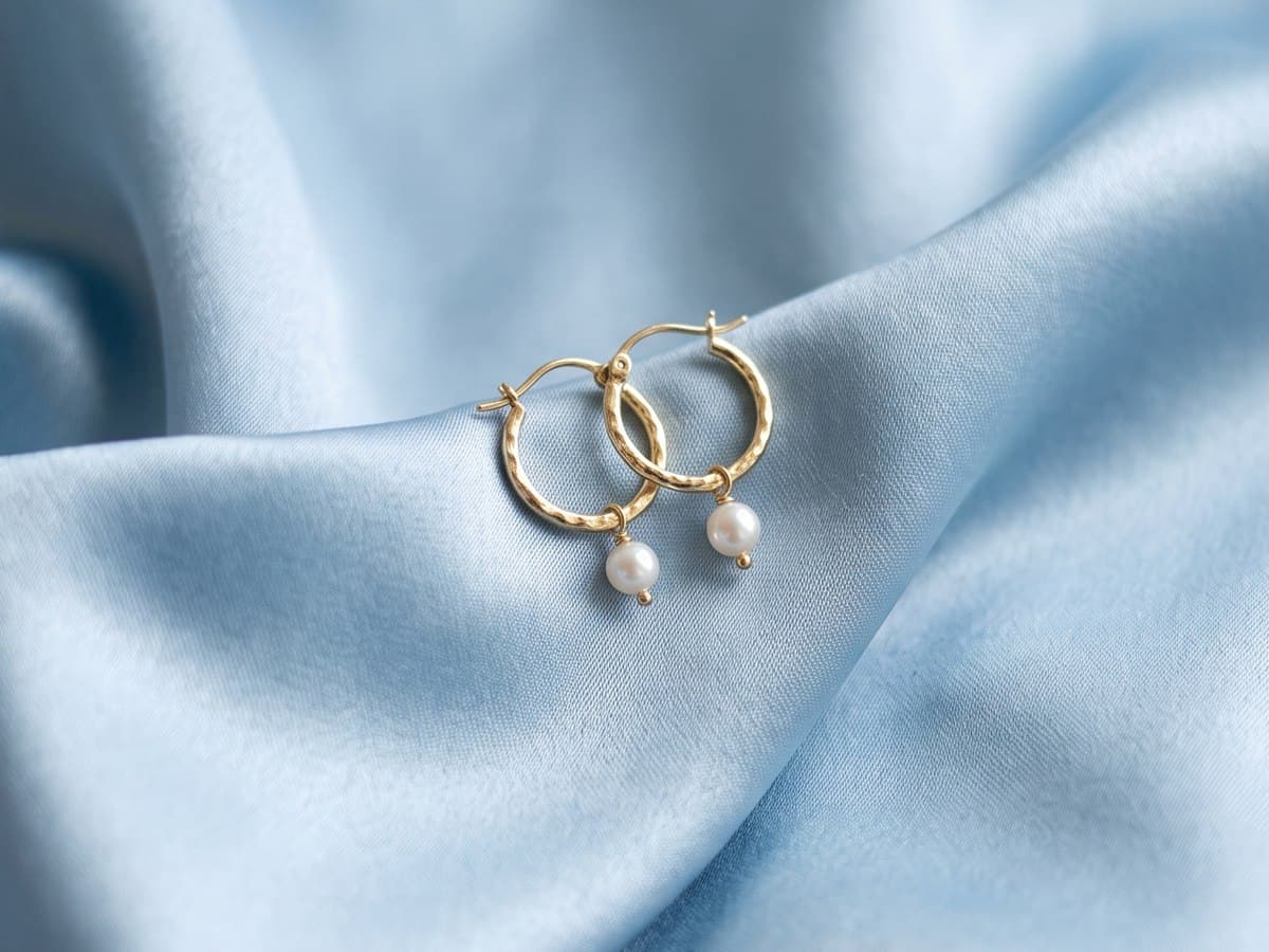 A pair of gold hoop earrings with pearl drops resting on pale blue satin