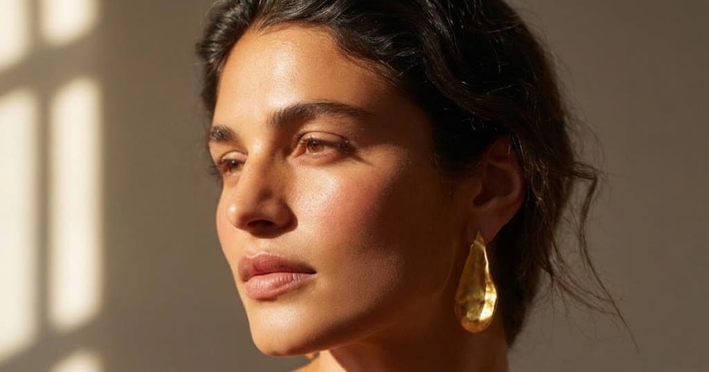 A gold vermeil drop earring catching natural light